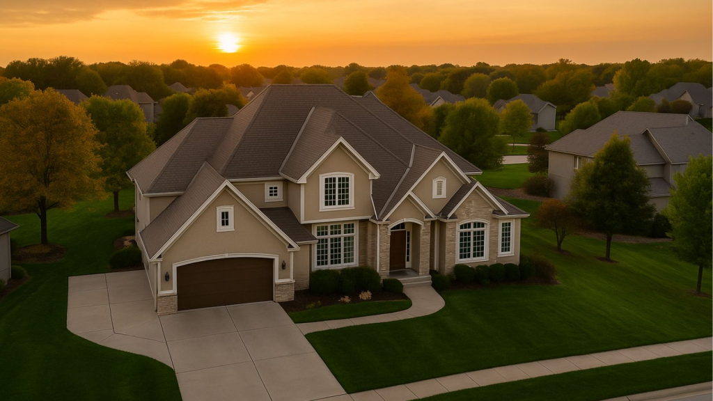 Aerial oblique drone photograph of a single-family home in Overland Park, Kansas, captured for residential real estate marketing.